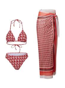 SHEIN Swim Summer Vacation Beach Style Geometric Print Viral Halter Neck Bikini 3-Piece Set - Multicolor - View 4