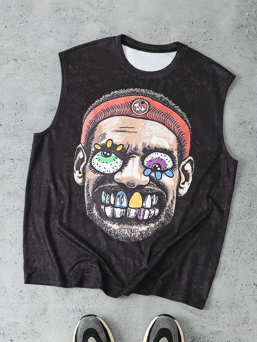 Manfinity Dauomo Men's Cartoon Character Round Neck Casual Loose Fit Tank Top - Black - View 1
