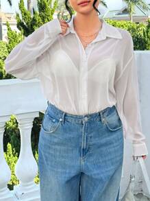 SHEIN EZwear Plus Size Summer Chiffon Transparent Tulle White Shirt Bodysuit - White - View 3