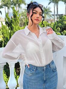 SHEIN EZwear Plus Size Summer Chiffon Transparent Tulle White Shirt Bodysuit - White - View 5