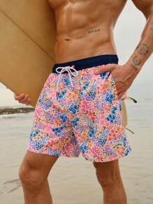Manfinity VDAYZ Men's Ditsy Floral Print Drawstring Waist Beach Shorts,Hawaiian - Multicolor - View 3