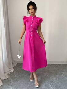 Elenzga New Solid Color Ruffle Collar Puff Sleeve Cinched Cinched Waist Shift Dress For Women - Hot Pink - View 3