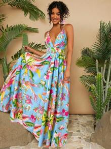Travachic Vacation Style Women's Plant Printed Spaghetti Strap Dress