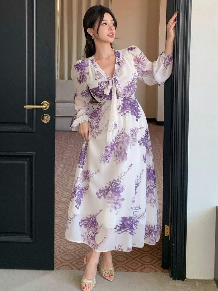 女性用長袖フローラルプリントウエストドレス、秋服クルーズアウトフィットボヘミアン風