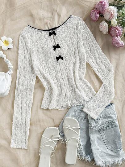Soleia 女士纯色蕾丝拼接蝴蝶结装饰长袖休闲 T 恤、长袖上衣、情人节、女士衬衫、女士度假装、女士生日上衣、白色上衣、可爱上衣、狂欢节