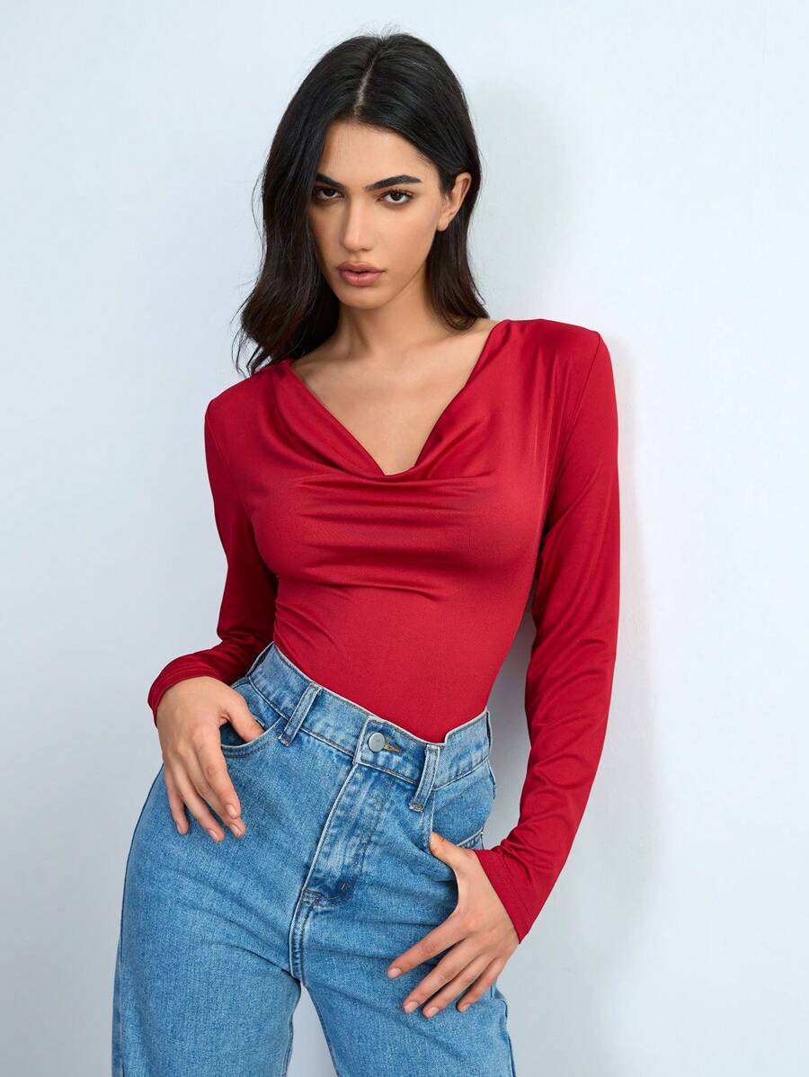 SHEIN Unity 1 件女士优雅红色长袖紧身衣 - 紅色 - 查看 1