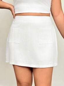 CovetEZ Plus Size Bamboo Knit Patchwork A-Line Midi Skirt, Casual Spring/Summer - White - View 5