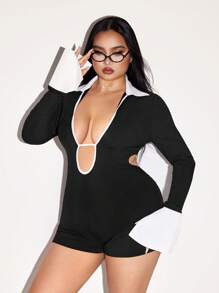 SHEIN ICON Plus Size Color Block Polo Collar Shirt With Split, Long Sleeve Tight Fitting Backless Lace-Up Jumpsuit - Black and White - View 3