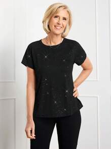 SHEIN LUNE Women's Elegant Party Black Sequin Round Neck Short Sleeve T-Shirt, Spring/Summer