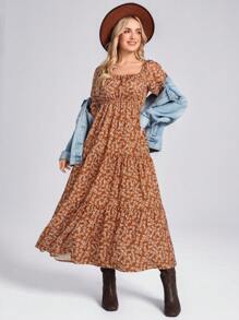 SHEIN LUNE 美国西部乡村风格休闲度假碎花棕色荷叶边下摆长袖连衣裙 - 棕色 - 查看 5