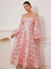 Aveloria Rosie Elegant Rose Jacquard Floral Long Sleeve Ruched Waist Dress With Sheer Details, Romantic Wedding Season, Pink & White Fall Cloth For Women