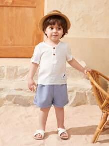 SHEIN 2pcs Baby Boys/Girls Leaf Print Round Neck Short Sleeve Top And Elastic Waist Shorts Set