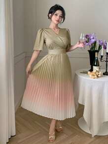 DAZY V-Neck Ombre Ruffle Waist Midi Dress For Women - Yellow - View 8