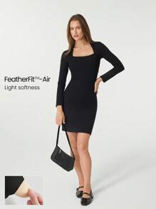 GLOWMODE FeatherFit™-Air Slim Fit Envelope Neck Long Sleeve Side Slit Dress Daily Casual Removable Cups - Black - View 1