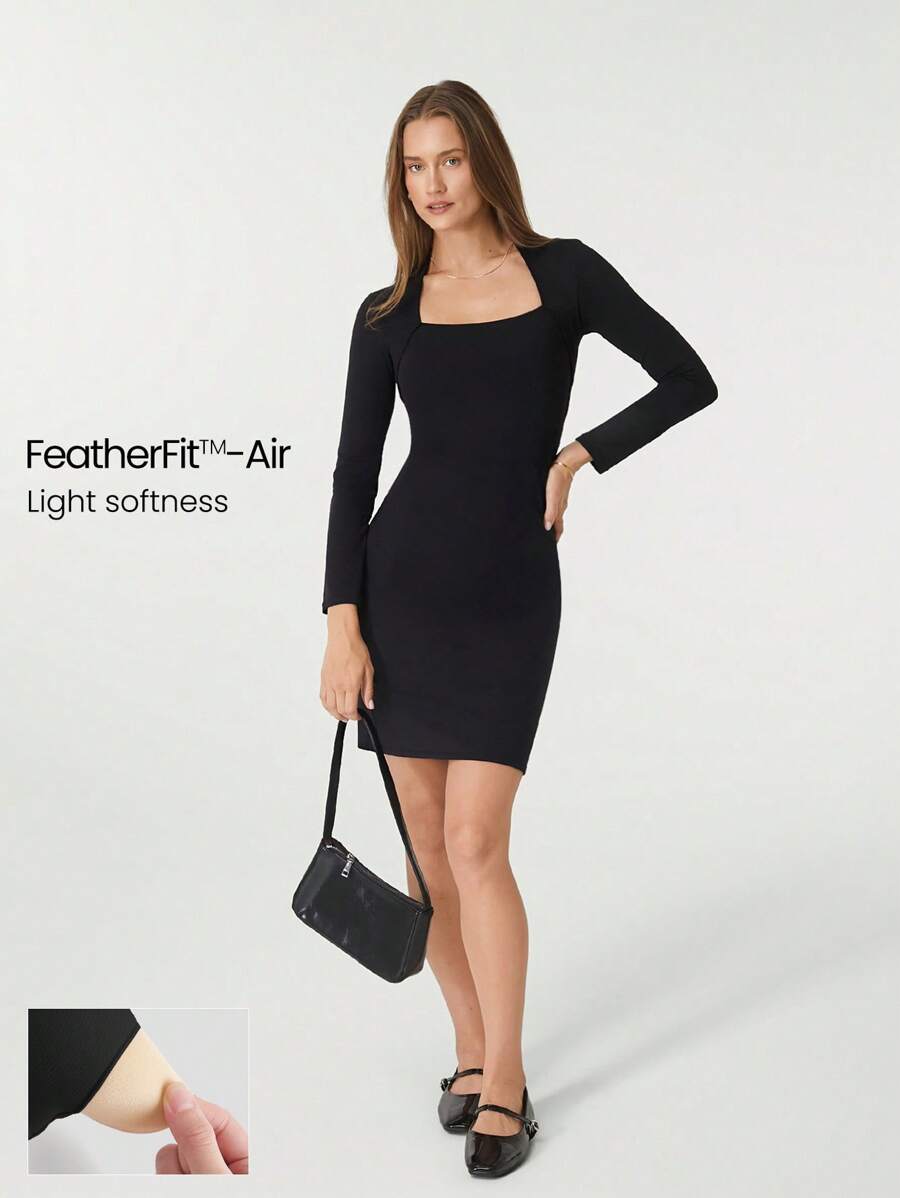 GLOWMODE FeatherFit™-Air Slim Fit Envelope Neck Long Sleeve Side Slit Dress Daily Casual Removable Cups - Black - View 1