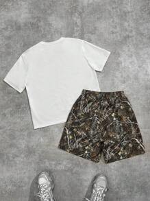 SHEIN Set de 2 piezas de camiseta de punto con estampado gráfico y shorts con estampado digital para niños adolescentes, ropa casual de calle, para primavera/vuelta al colegio - Multicolor - Ver 2