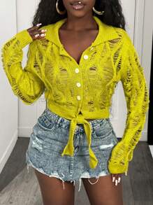 BamGleam Cardigan con botones y cierre de lazada con diseño hueco para mujeres