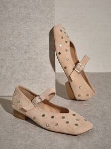 SHUZIA Zapatos de tacón de punta cuadrada cómodos y de fácil puesta para mujer - Beis - Ver 2