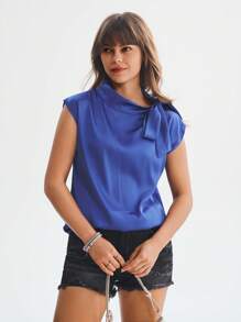 SHEIN LUNE 繫帶領蝙蝠袖緞面襯衫