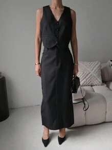 DAZY Conjunto de 2 piezas de chaleco y falda de unicolor para uso casual y de oficina para mujeres