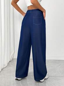 SHEIN Unity 1pc Women Denim Effect Fashionable Versatile Pants, Women Woven Navy Blue Wide-Leg Trousers - Blue - View 2