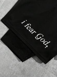 SHEIN 1 pieza Pantalones cortos versátiles y casuales con doble capa, con estampado de cruz y eslogan, con cordón en la cintura, para niños adolescentes. Regalo para esposo, novio. Ropa para niños adolescentes, chaquetas de primavera para vuelta al colegio