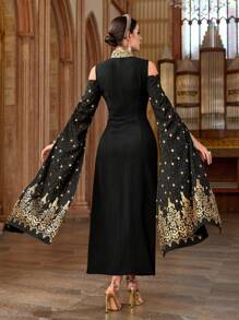 Al Najma Damen elegantes Kleid im Arabierstil mit Folienprint Patchwork und Schulterbändern - Schwarz - Übersicht 2