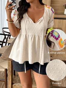SHEIN Clasi Casual Crochet Patchwork Short Sleeve Plus Size Shirt - Apricot - View 1