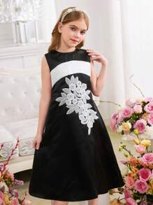 SHEIN Leap Crew Tween Girls' Elegant Open Back Big Bow Decor Round Neck Sleeveless Dress, Party Wear - Black and White - View 10