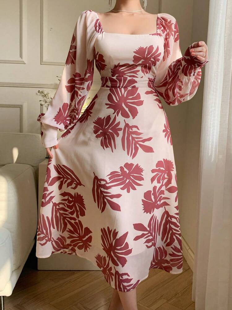 Women's Elegant Plant Print Lantern Sleeve Midi Dress,Ruffle,Fall Dress Long Sleeve Dress Floral Dresses For Women