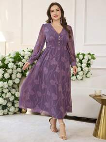 Modelyn Simple Romantic Chiffon Cut-Out V-Neck Lantern Sleeve A-Line Plus Size Casual Dress For Spring/Summer - Purple - View 3