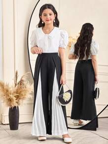 SHEIN Pantalones negro sólido con parches y blanco plisado para niña preadolescente, pantalones casuales y elegantes negros, temporada de vuelta al colegio