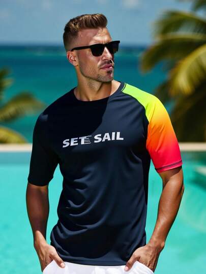 Manfinity Swimmode 男士字母印花圆领插肩短袖冲浪T恤 男士防晒衣 男士防晒衣 沙滩装 男士沙滩装 渐变色 夏威夷风情