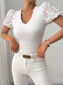 Chiquease Women Crochet Crew Neck Embroidered White T-Shirt, French Design Sense With Deep V Neck Embroidery