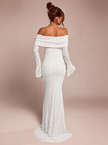 SHEIN BAE Váy Maxi đuôi cá dài tay trễ vai ren trắng thanh lịch dành cho nữ, thích hợp cho đám cưới, tiệc tùng, váy phù dâu - trắng - Xem 2