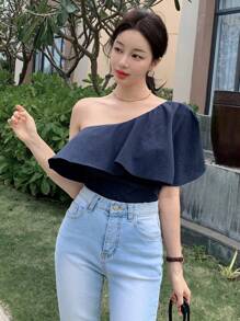 DAZY Elegant Asymmetric Shoulder Ruffle Trim Backless Blouse, Women Spring/Summer - Navy Blue - View 1