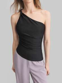 Ontre 2025 Women's Solid Color Ruched Asymmetrical Shoulder Top, Minimalist Urban Style, Fashionable For Commuting - Black - View 6