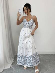Chiquease Women's V-Neck Spaghetti Strap Retro Waist Drawstring Split Hem Floral Print Dress, Suitable For Spring/Summer Island Vacation - White - View 1
