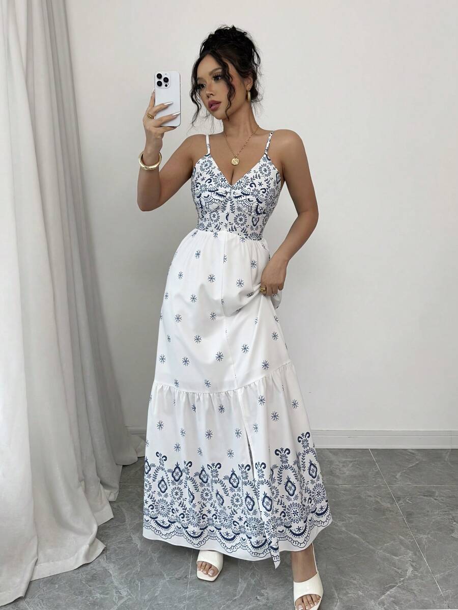 Chiquease Women's V-Neck Spaghetti Strap Retro Waist Drawstring Split Hem Floral Print Dress, Suitable For Spring/Summer Island Vacation - White - View 1