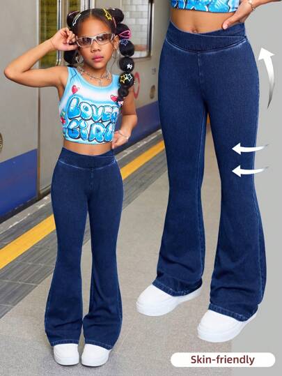 SHEIN Tween Girl Fashion Casual Blue Denim Daily Exercise Basics Stretch Slim Flared Jeans For Girls Costume Dailywear And The Four Seasonsr Tween Girl Clothes