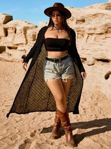 SHEIN EZwear Plus Size Flowy Long Coat For Spring And Summer - Black - View 2