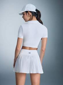 Women Solid Color Cropped Top And Pleated Mini Skirt Sports Set - White - View 4
