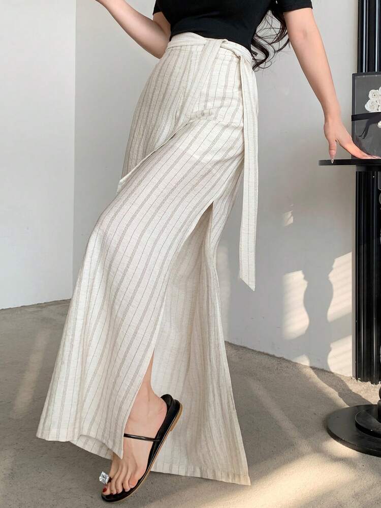Women's Tied Waist Striped Slit Wide Leg Pants With Bohemian Holiday Vibe Linen
