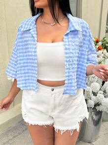 SHEIN EZwear Camisa corta de manga corta a cuadros azules y blancos en talla grande - Azul y blanco - Ver 3