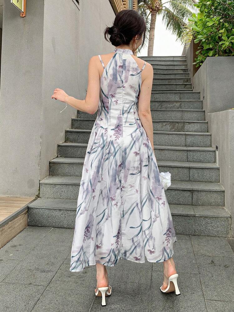 Women's Floral Print Halter Mid-Length Vacation Dress, Spring/Summer Sundress Maxi Dress Boho