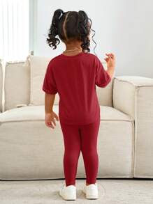 SHEIN Leap Crew 女婴可爱红色短袖 T 恤和松紧腰裤套装，外出休闲装时尚亮黄色套装，秋冬休闲装 - 紅色 - 查看 2