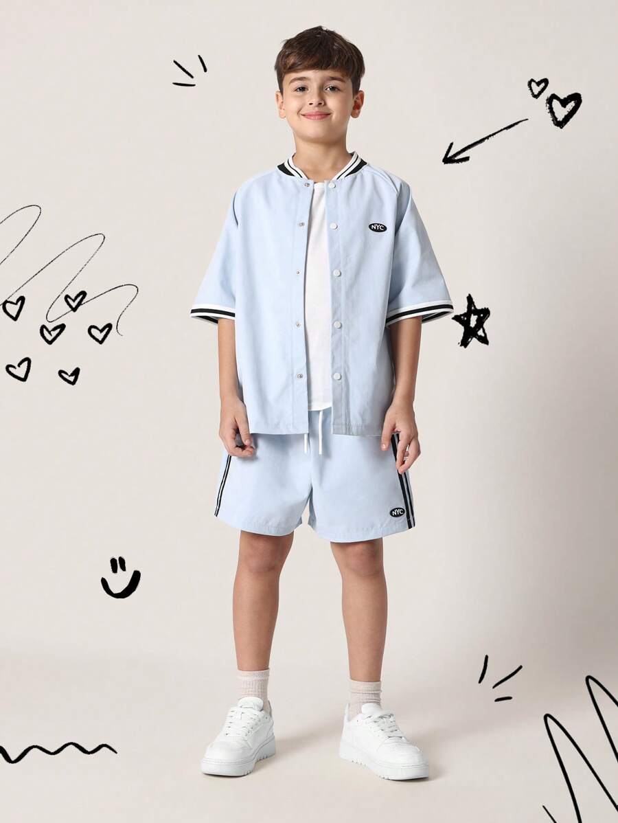 SUMWON 青少年运动短袖棒球服校队夏季套装休闲运动训练队纽约制服短裤服装春季系列 - 淺藍色 - 查看 1