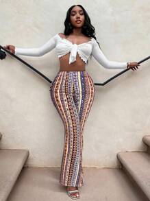 SHEIN SXY 复古印花高腰喇叭裤 - 彩色 - 查看 5