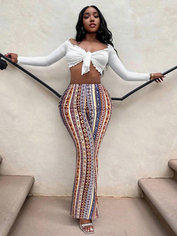 SHEIN SXY Casual Retro Print High Waist Flare Leg Pants | SHEIN USA