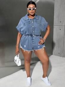 SHEIN SXY 大码破洞蓝色牛仔连体裤，休闲宽松短袖连身裤